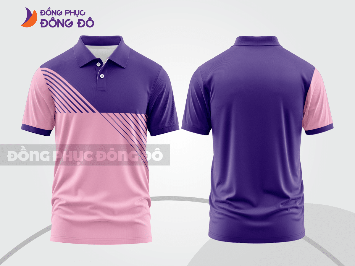Mẫu polo basic đồng phục công ty màu hồng phấn phối tím mảng vai ctpb6279