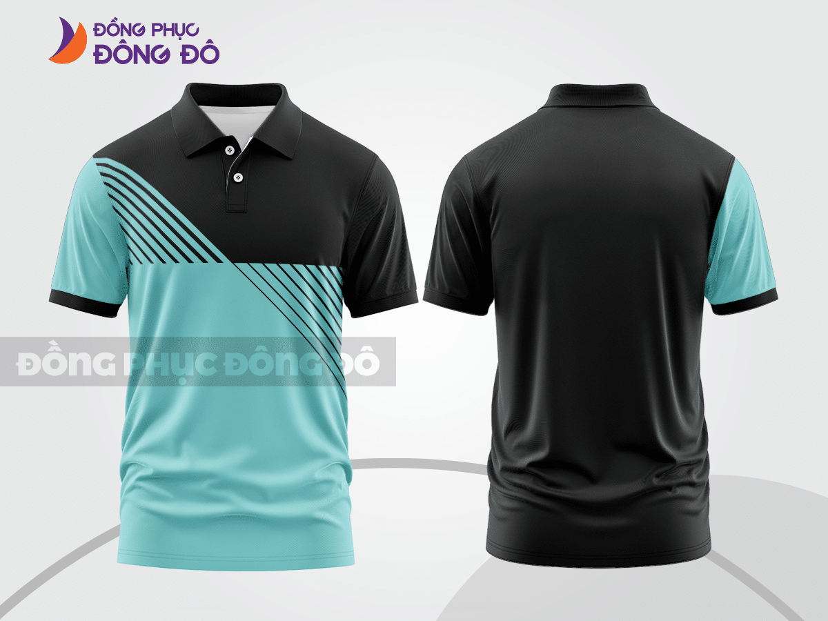 Mẫu áo polo basic đồng phục nhân viên màu xanh da trời phối đen mảng vai ctpb6283