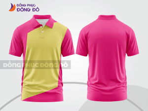 Mẫu áo polo basic đồng phục nhân viên màu hồng cánh sen phối vàng họa tiết vòng cung ctpb6575