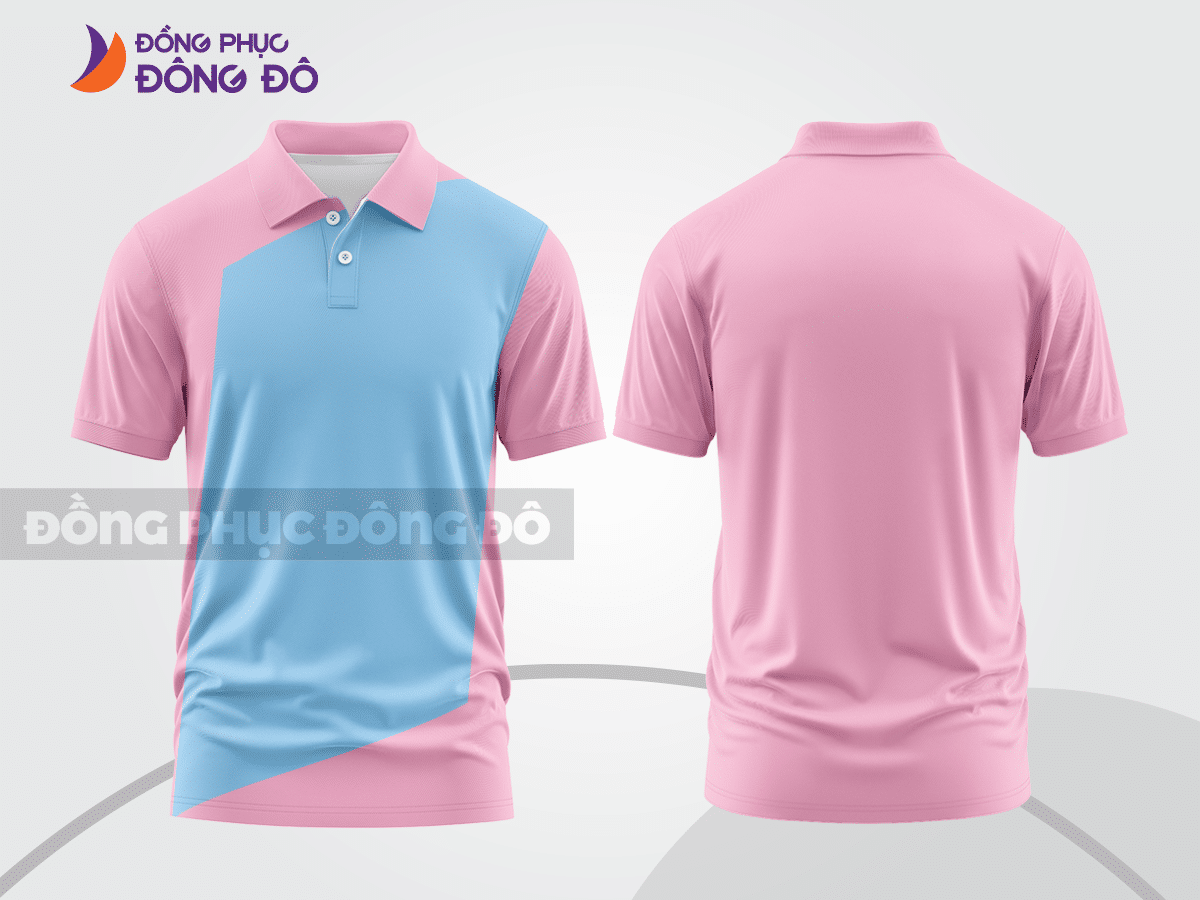 Mẫu áo polo basic đồng phục công ty màu hồng phấn phối xanh da trời họa tiết vòng cung ctpb6576