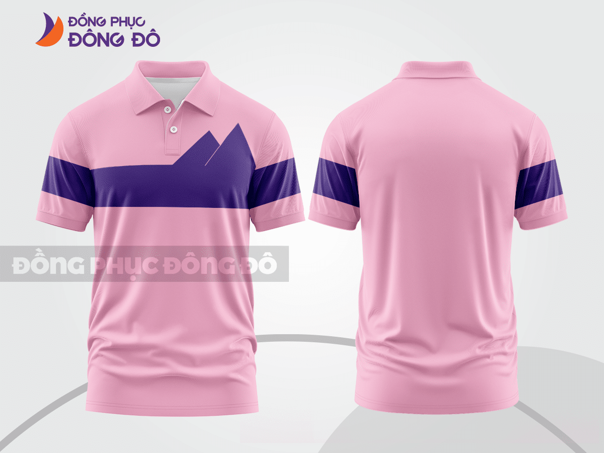 Mẫu polo basic đồng phục nhân viên màu hồng phấn phối xanh navy mảng ngang ctpb6702
