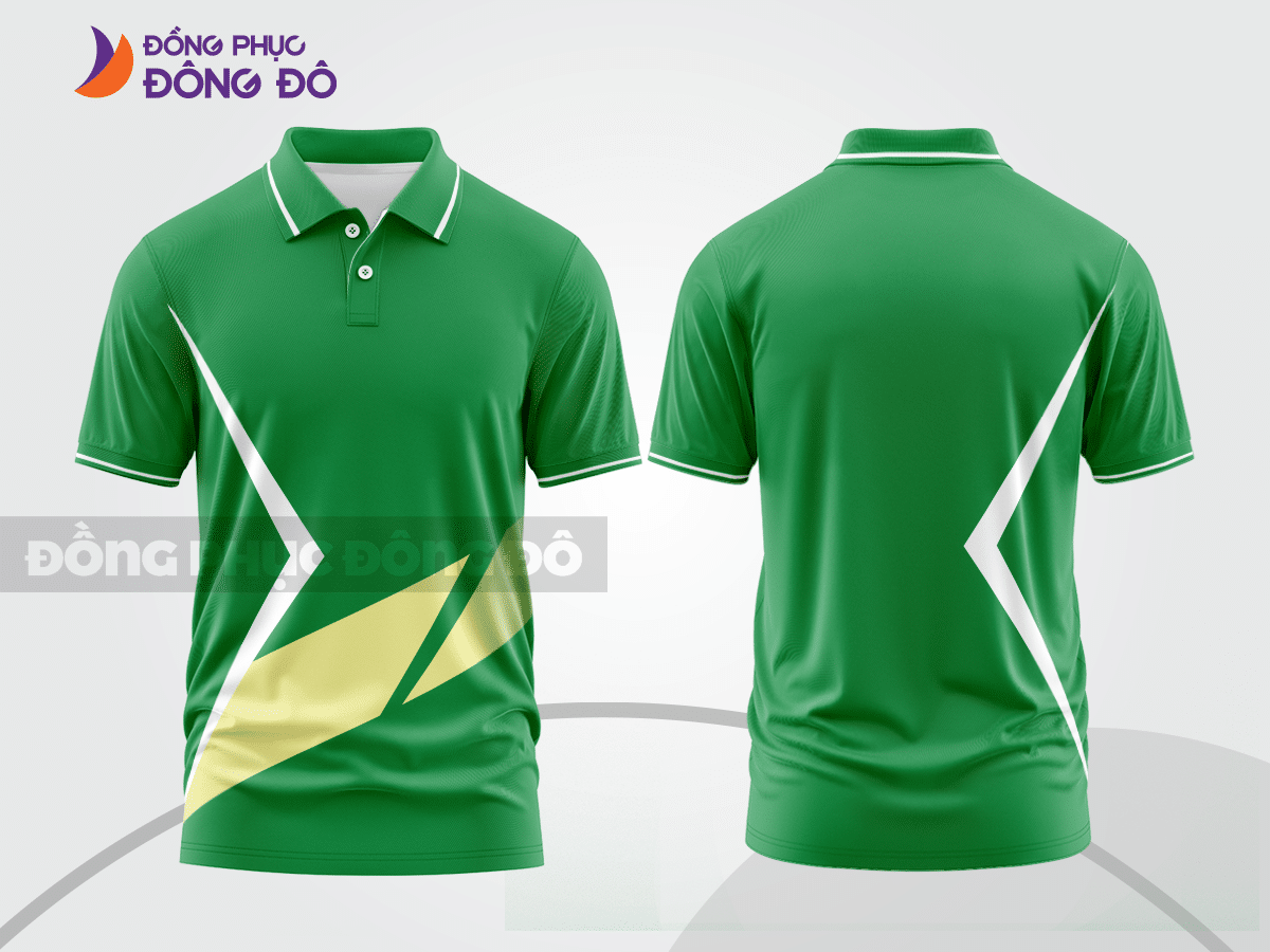 Mẫu áo polo basic đồng phục công ty màu xanh lá phối vàng họa tiết chéo ctpb6834