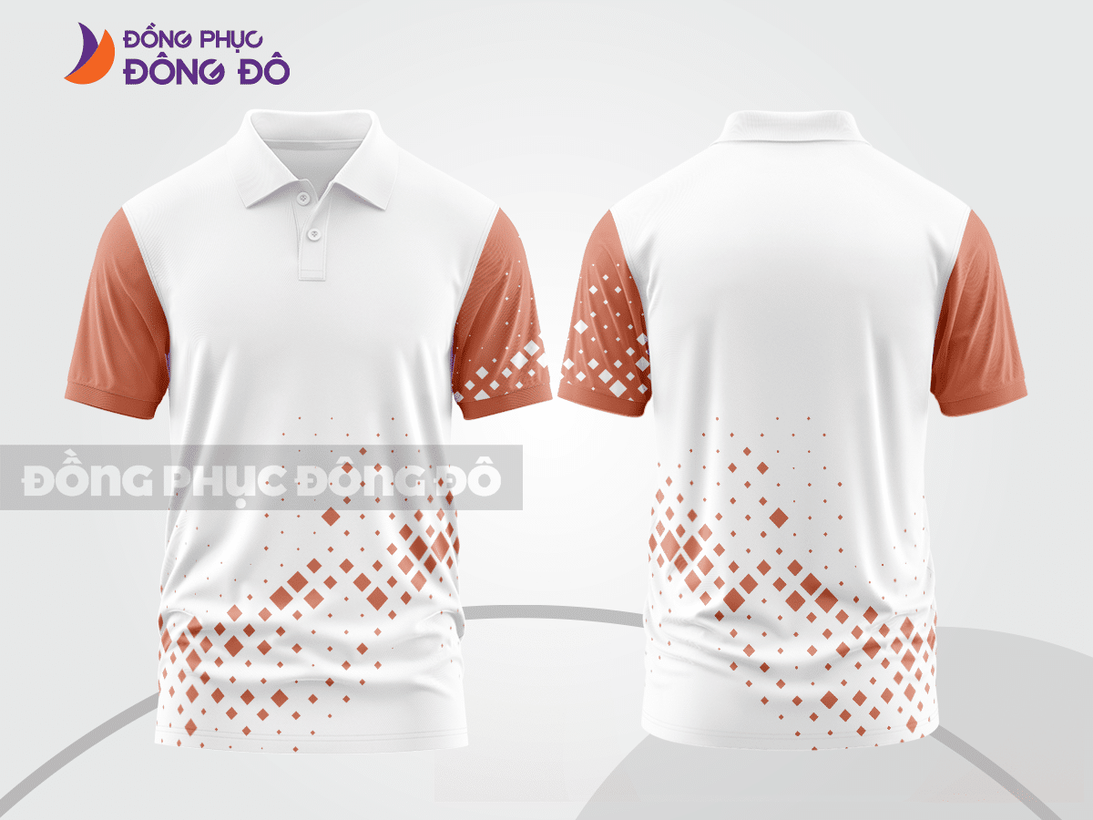 Mẫu áo polo basic đồng phục doanh nghiệp màu trắng phối hồng cam họa tiết thân dưới ctpb6998
