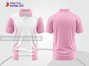 Mẫu polo basic đồng phục nhân viên màu hồng phấn phối trắng kẻ dọc lệch ctpb7049