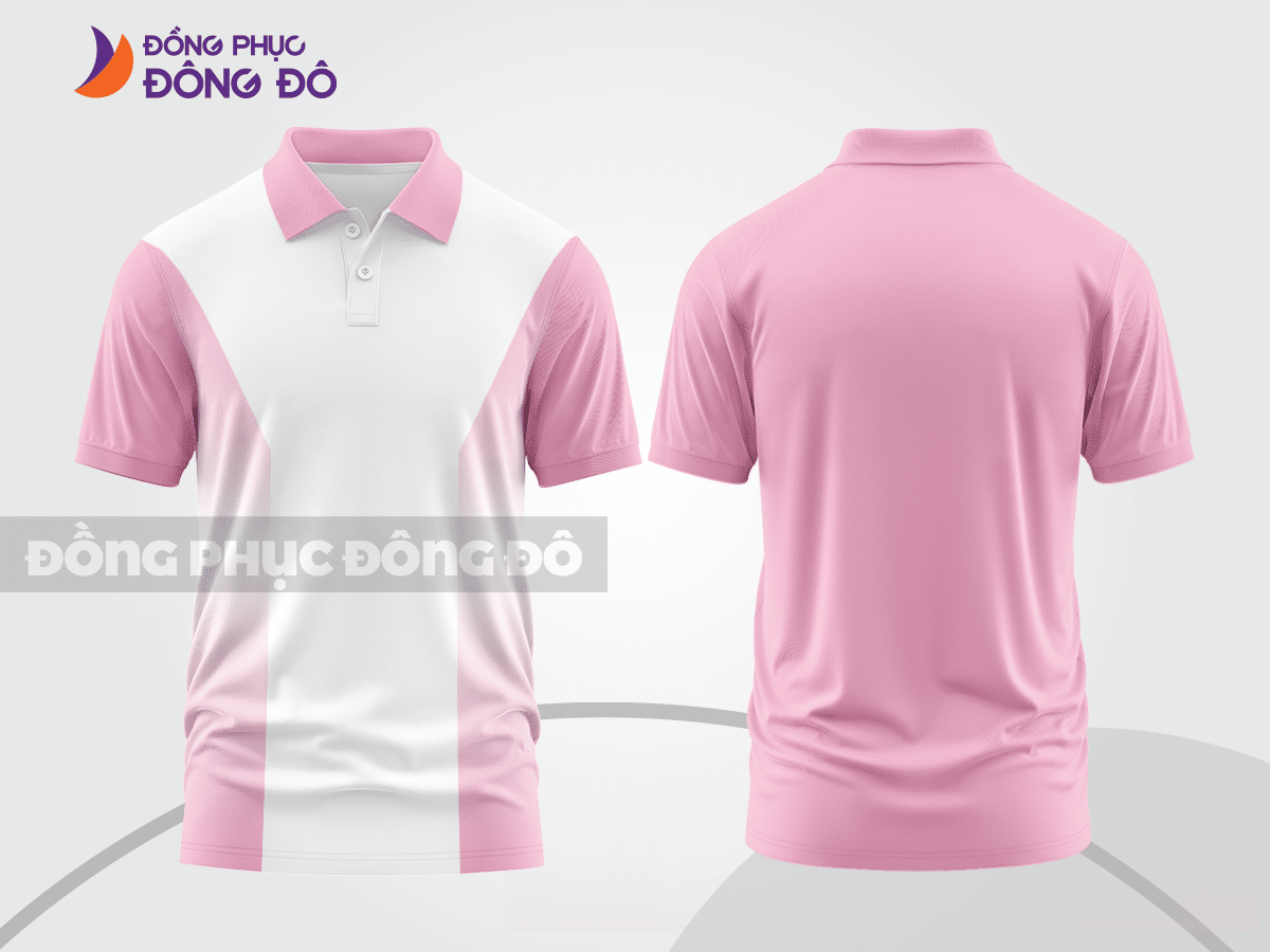 Mẫu polo basic đồng phục nhân viên màu hồng phấn phối trắng kẻ dọc lệch ctpb7049