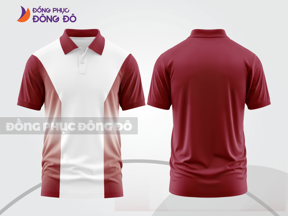 Mẫu polo basic đồng phục văn phòng màu đỏ đô phối trắng kẻ dọc lệch ctpb7051