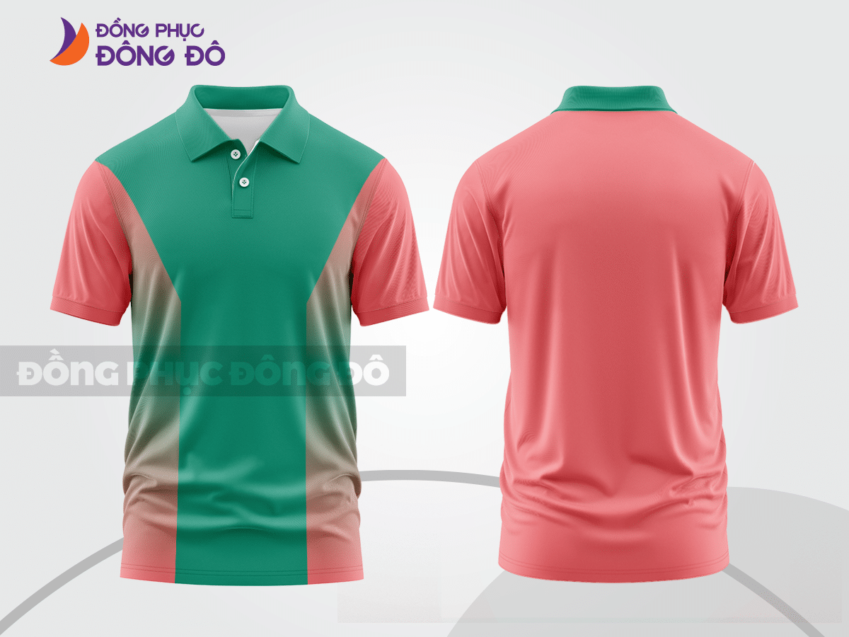 Mẫu áo polo basic đồng phục công sở màu xanh lá phối hồng phấn mảng vai ctpb7077