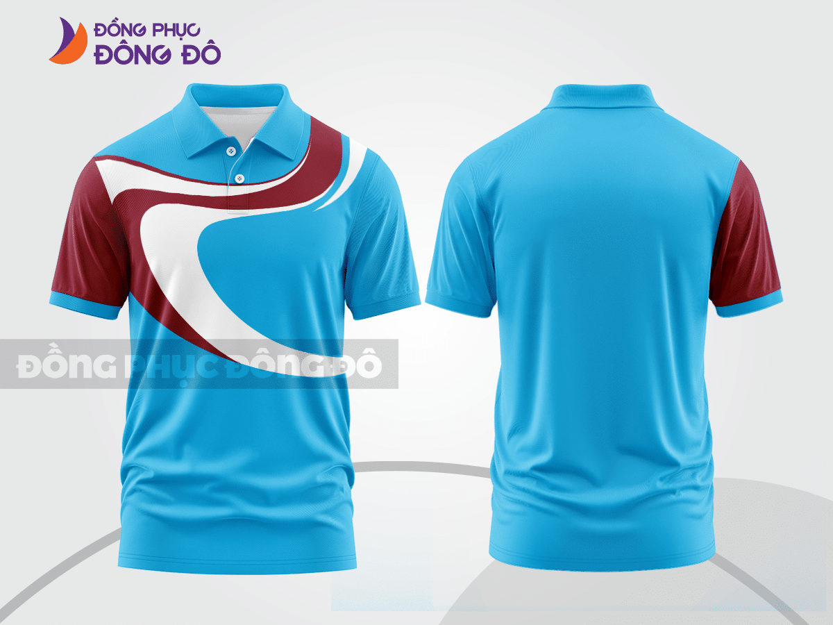 Mẫu áo polo basic đồng phục doanh nghiệp màu xanh cyan phối đỏ họa tiết vòng cung ctpb7120