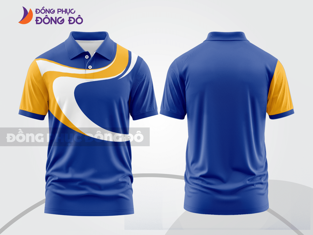 Mẫu polo basic đồng phục nhân viên màu xanh dương phối vàng họa tiết vòng cung ctpb7121