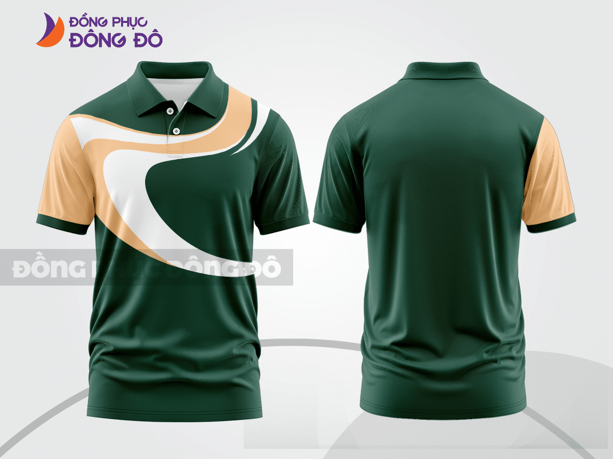 Mẫu áo polo basic đồng phục doanh nghiệp màu xanh rêu phối kem họa tiết vòng cung ctpb7125