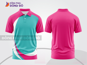 Mẫu polo basic đồng phục nhân viên màu hồng cánh sen phối xanh ngọc họa tiết vòng cung ctpb7166