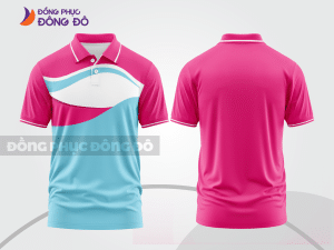 Mẫu polo basic đồng phục nhân viên màu hồng cánh sen phối xanh cyan mảng vai ctpb7179