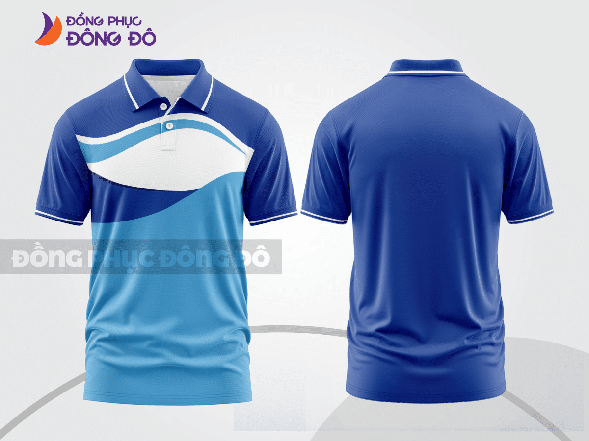 Mẫu polo basic đồng phục công ty màu xanh dương phối xanh da trời mảng vai ctpb7182