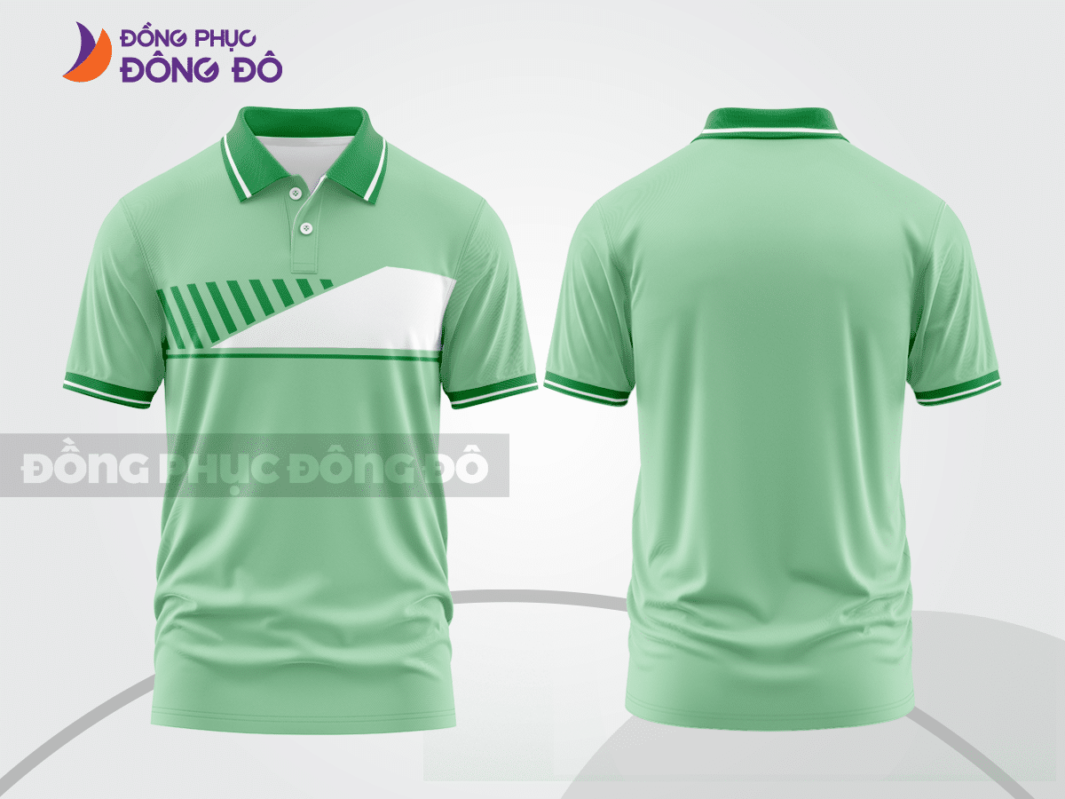Mẫu polo basic đồng phục văn phòng màu xanh bạc hà phối trắng kẻ ngang ngực ctpb7205