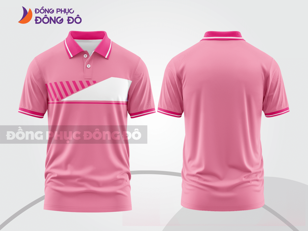 Mẫu polo basic đồng phục doanh nghiệp màu hồng phối trắng kẻ ngang ngực ctpb7207
