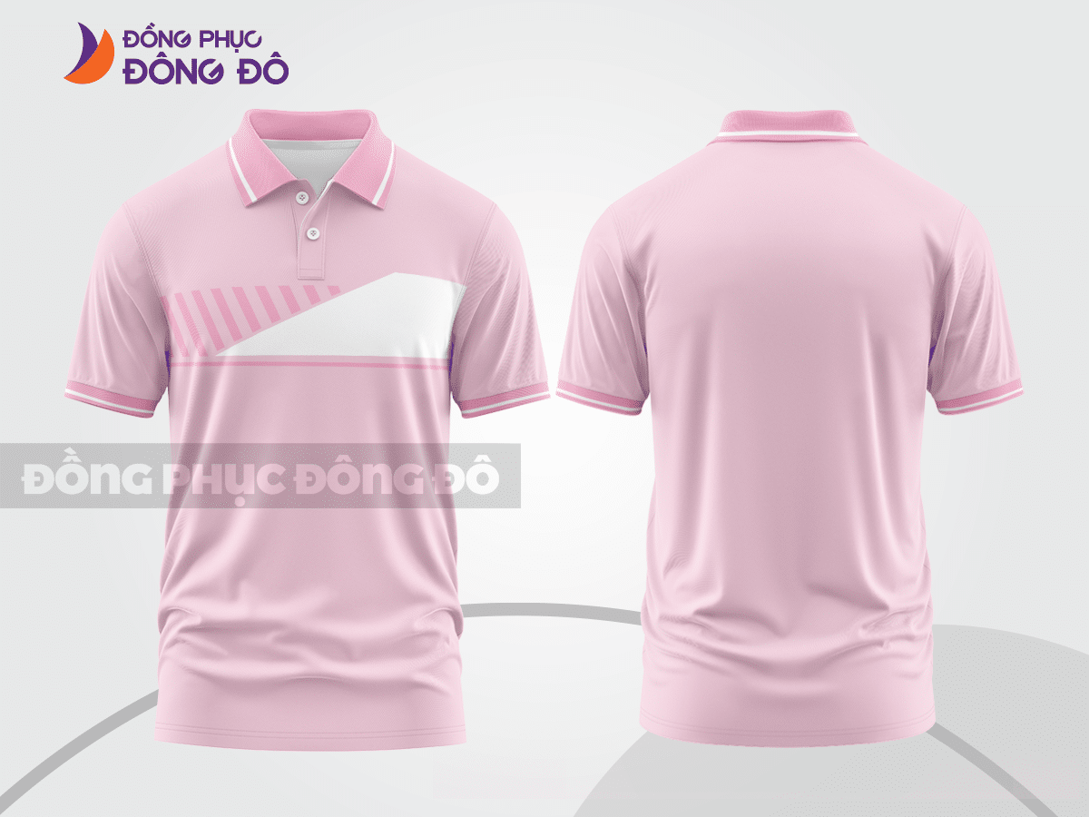 Mẫu polo basic đồng phục nhân viên màu hồng phấn phối trắng kẻ ngang ngực ctpb7208