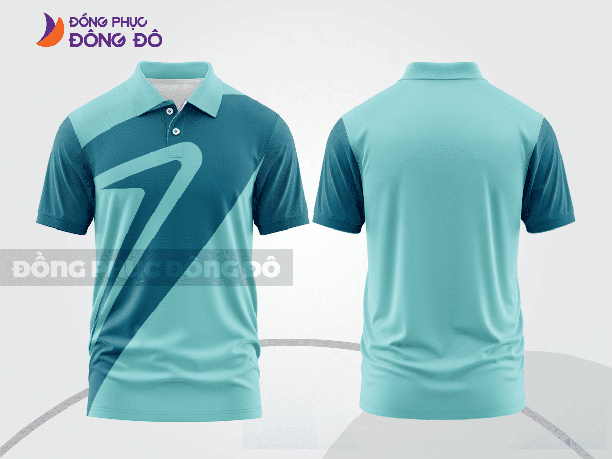 Mẫu polo basic đồng phục nhân viên màu xanh da trời phối xanh rêu họa tiết số 7 ctpb7259