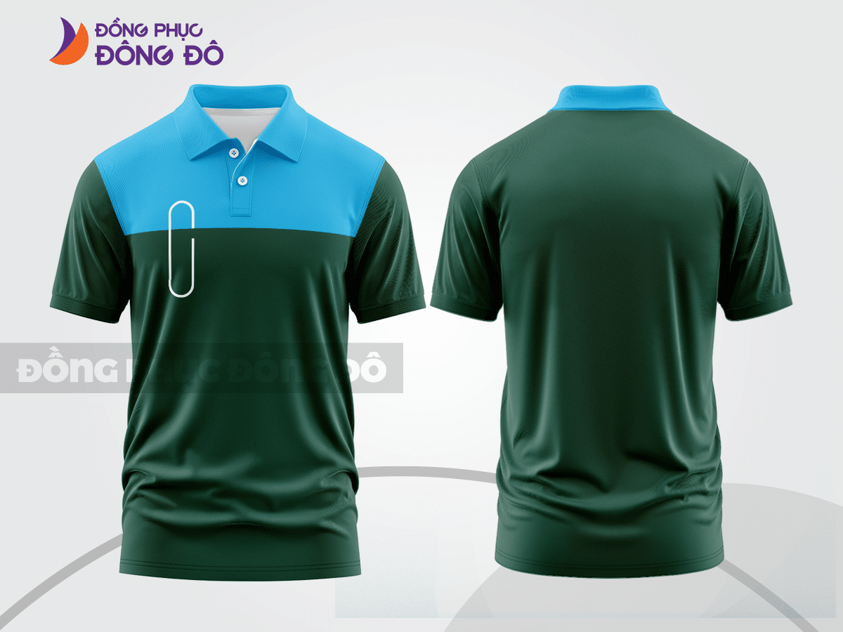 Mẫu polo basic đồng phục doanh nghiệp màu xanh rêu phối xanh cyan mảng ngực ctpb7262