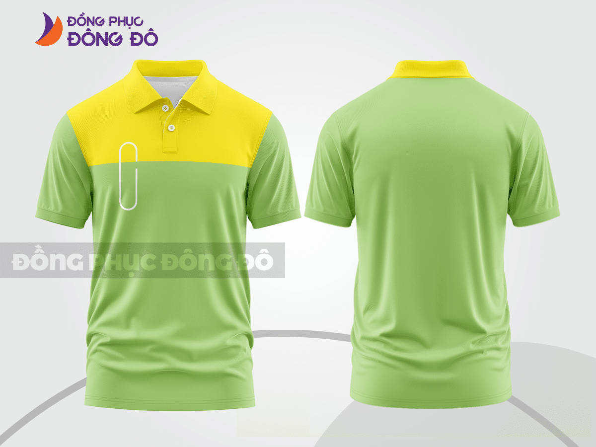 Mẫu polo basic đồng phục văn phòng màu xanh chuối phối vàng mảng vai ctpb7280