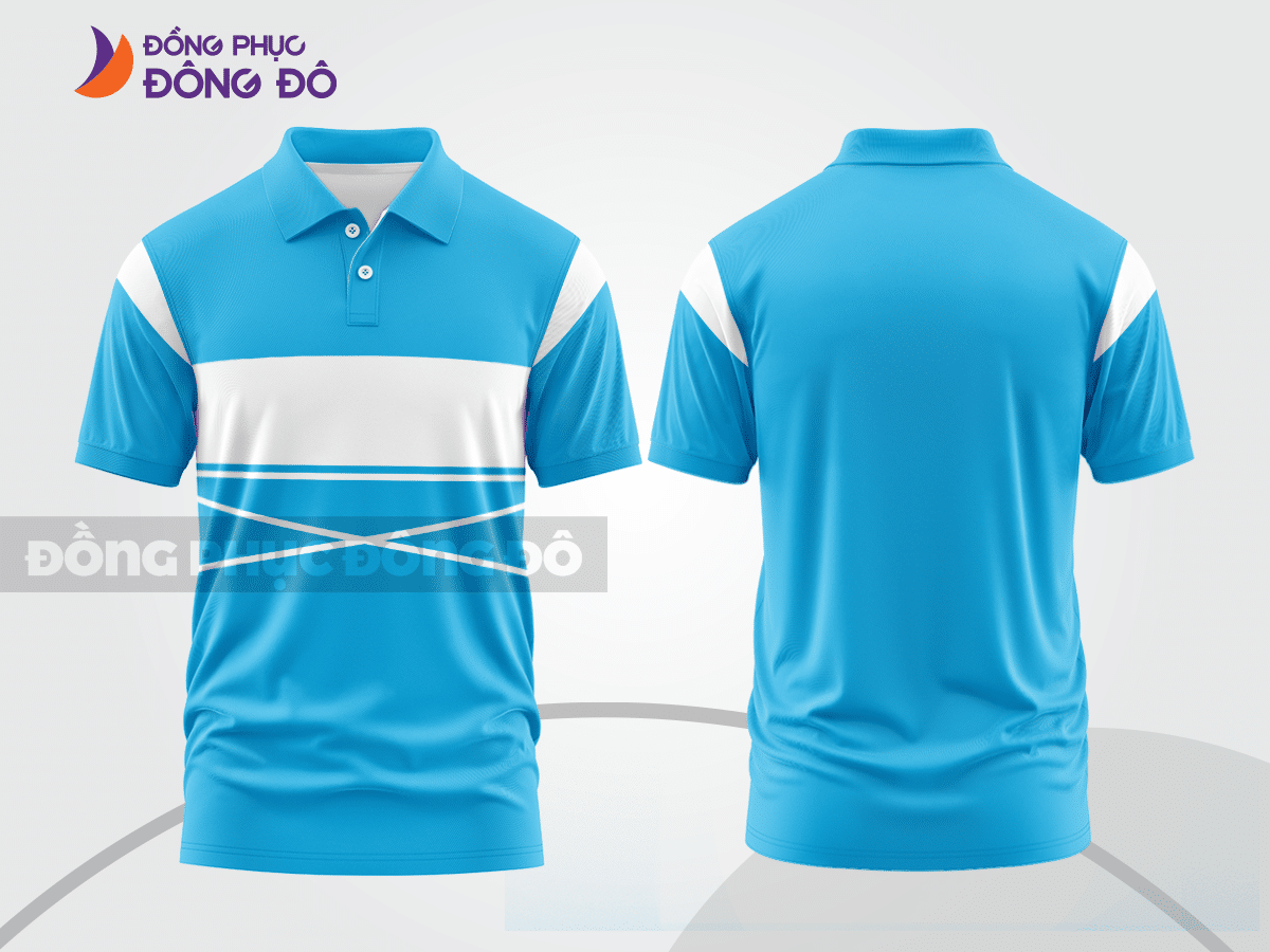 Mẫu polo basic đồng phục doanh nghiệp màu xanh cyan phối trắng kẻ ngang ctpb7322