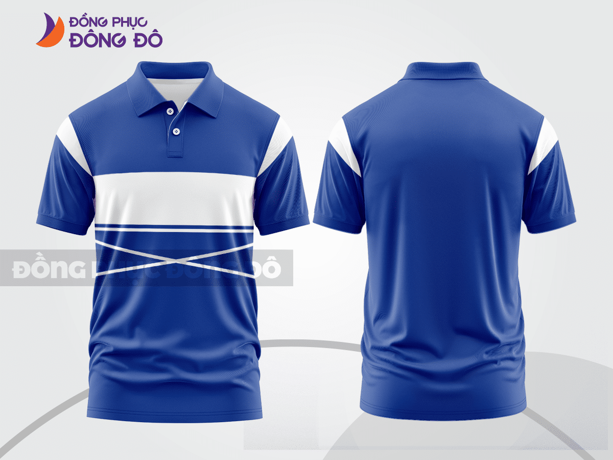 Mẫu polo basic đồng phục nhân viên màu xanh dương phối trắng kẻ ngang ctpb7323