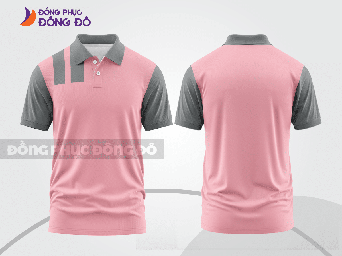 Mẫu áo polo basic đồng phục nhân viên màu hồng phấn phối xám mảng vai ctpb7394