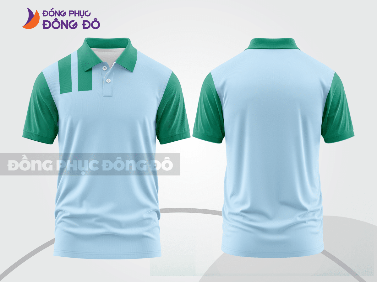 Mẫu áo polo basic đồng phục văn phòng màu trắng phối xanh ngọc mảng vai ctpb7396