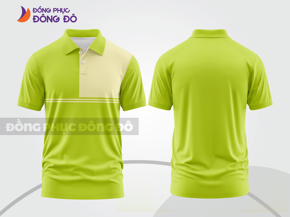 Mẫu polo basic đồng phục nhân viên màu xanh chuối phối trắng kẻ ngang ctpb7423
