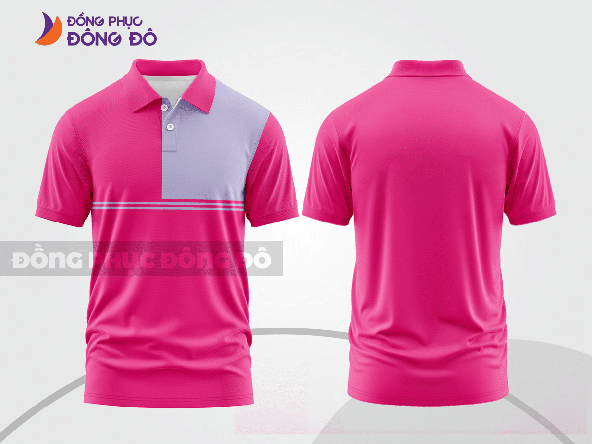 Mẫu polo basic đồng phục nhân viên màu hồng cánh sen phối trắng kẻ ngang ctpb7427