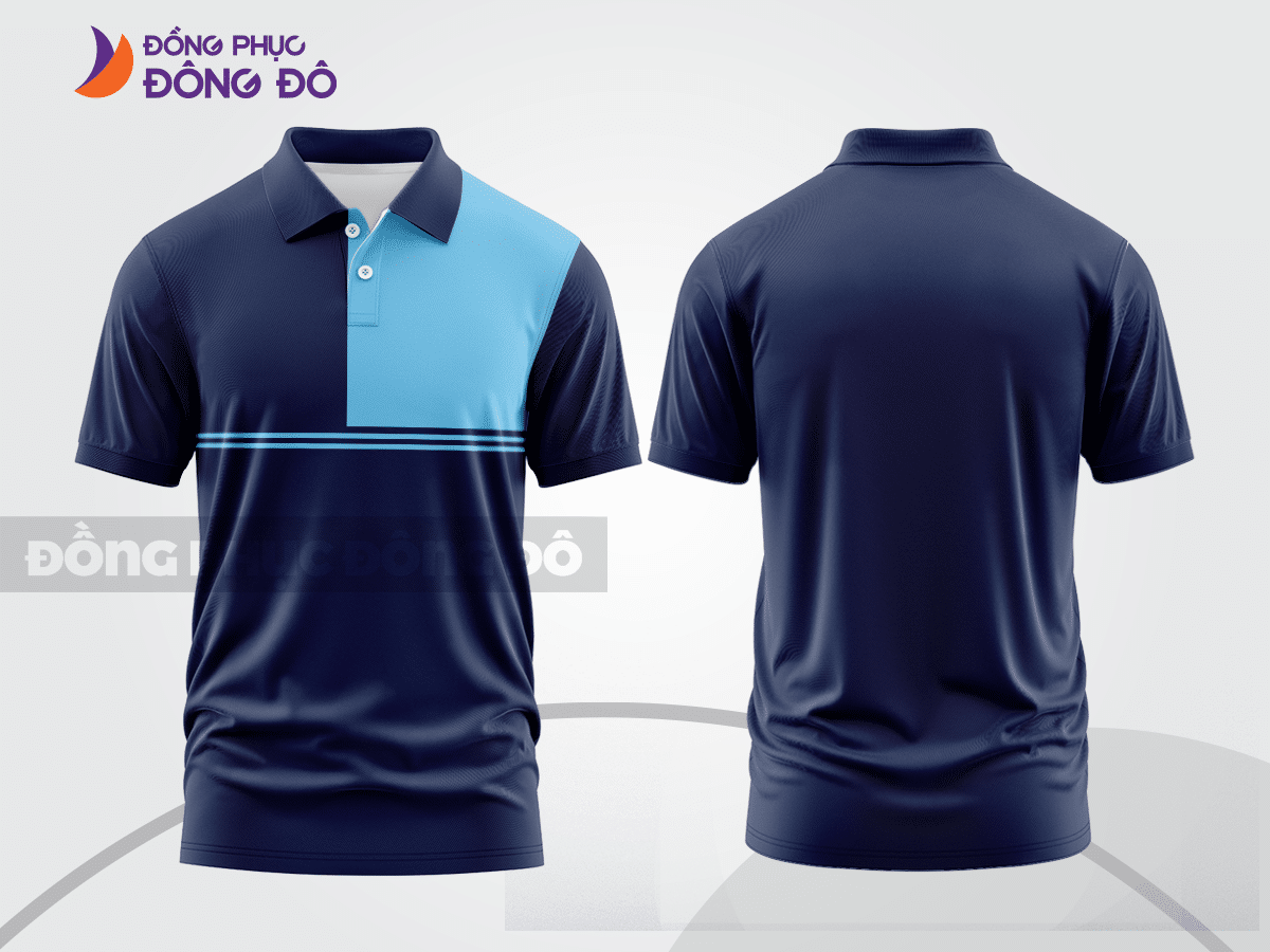 Mẫu áo polo basic đồng phục doanh nghiệp màu xanh navy phối xanh cyan mảng ngực ctpb7432