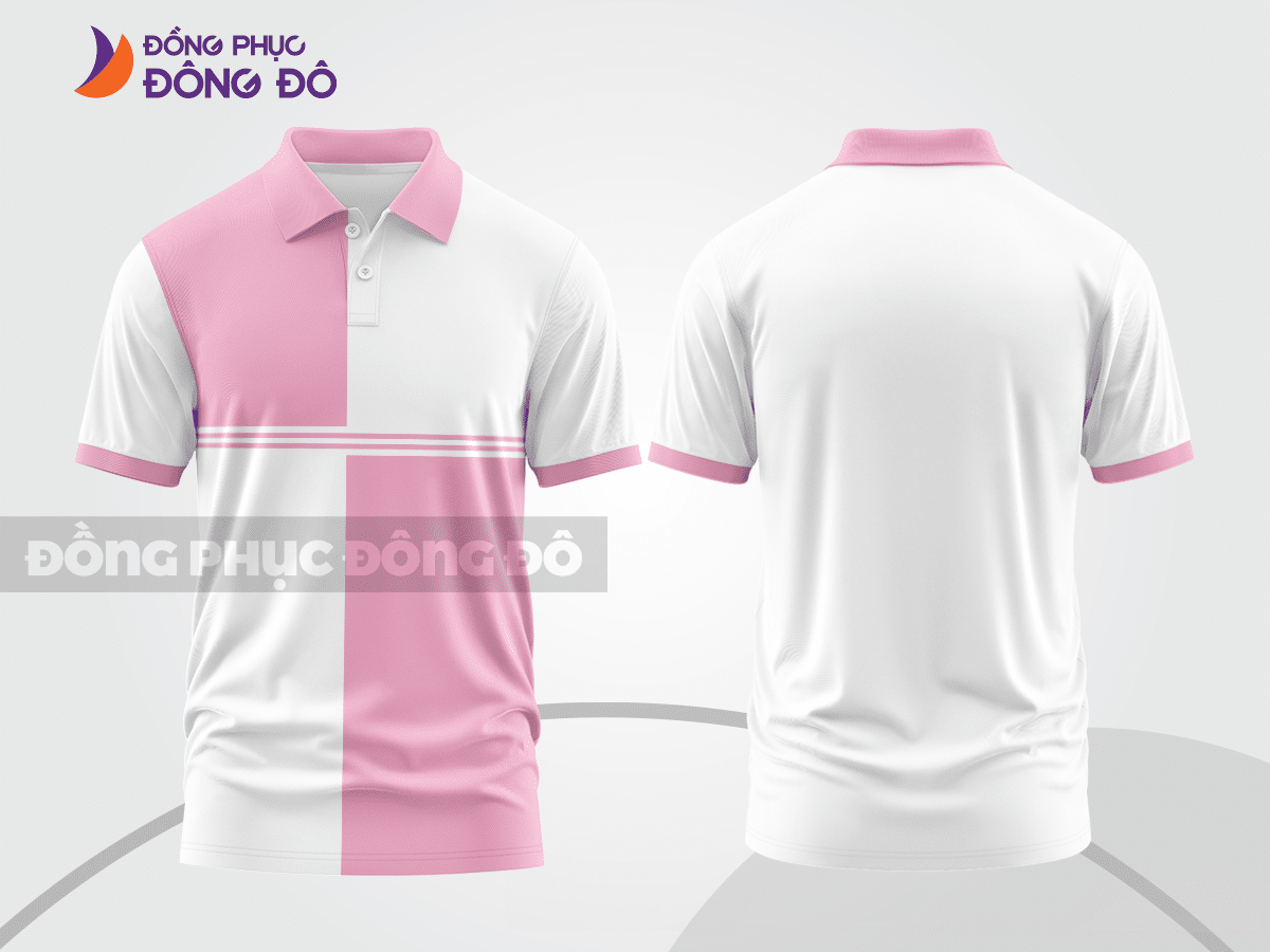 Mẫu polo basic đồng phục văn phòng màu trắng phối hồng phấn kẻ dọc lệch ctpb7449