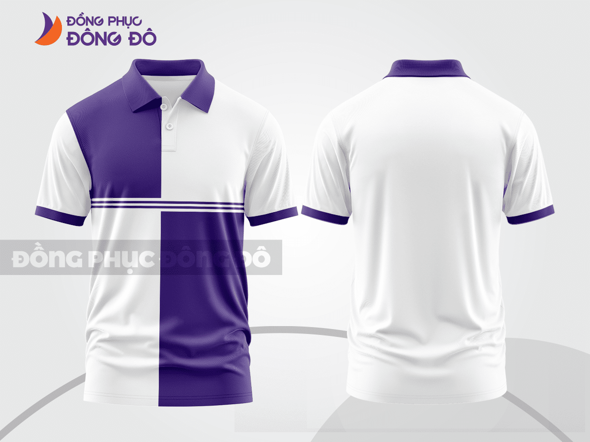 Mẫu áo polo basic đồng phục doanh nghiệp màu trắng phối tím kẻ dọc lệch ctpb7452