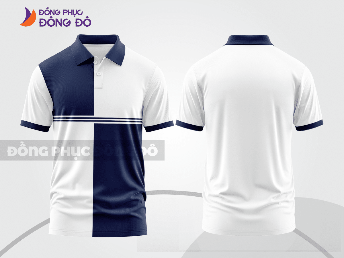Mẫu polo basic đồng phục văn phòng màu trắng phối xanh navy kẻ dọc lệch ctpb7453
