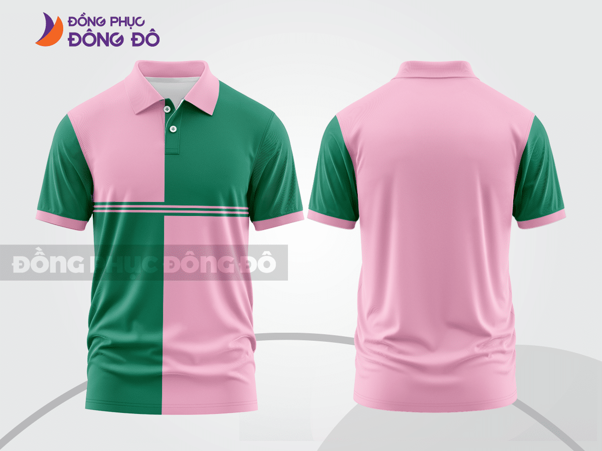 Mẫu polo basic đồng phục nhân viên màu hồng phấn phối xanh rêu mảng ngực ctpb7472