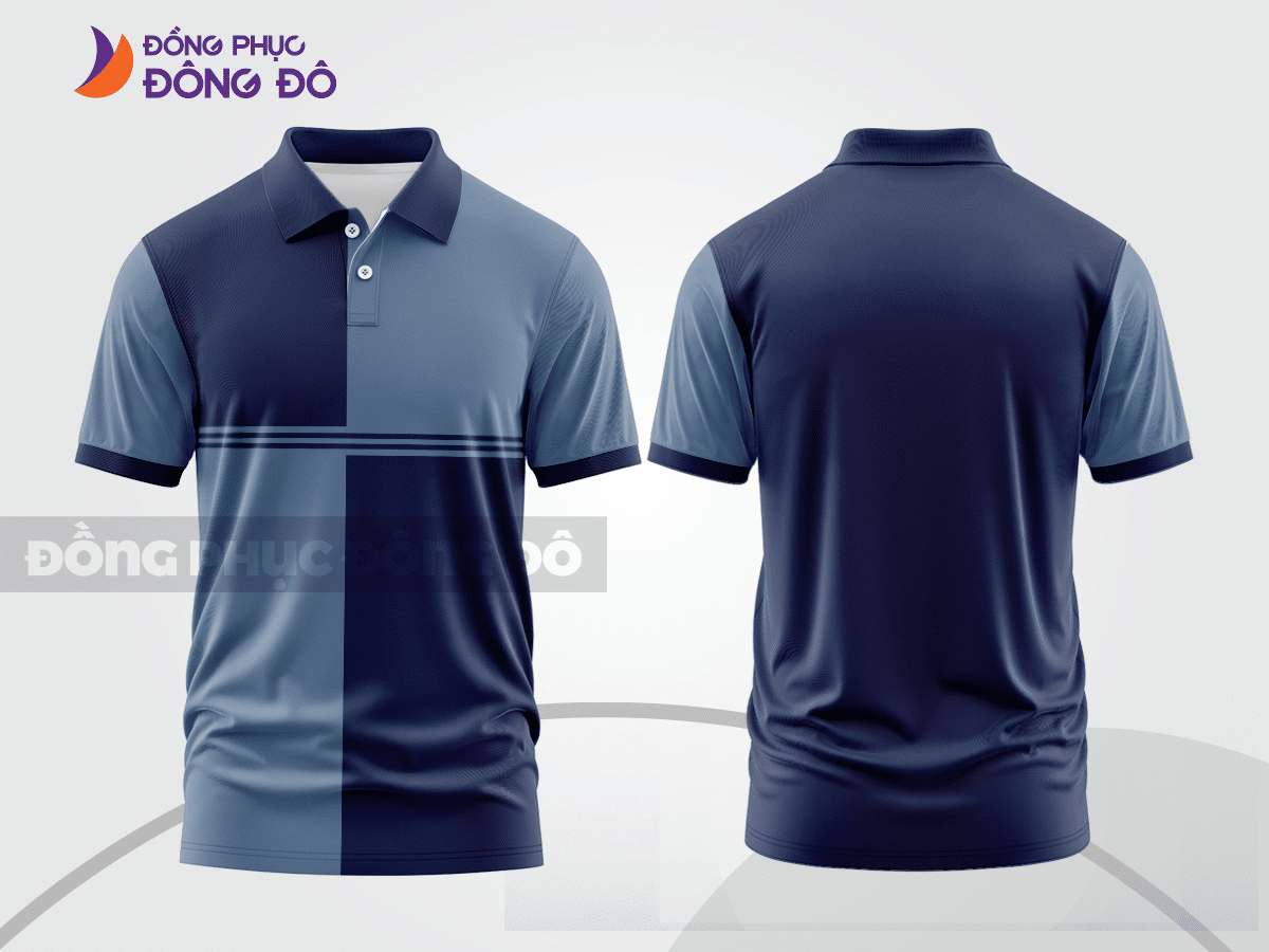 Mẫu polo basic đồng phục nhân viên màu xanh navy phối xanh xám mảng ngực ctpb7476