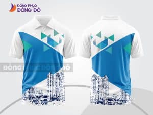 Mẫu áo polo 3D công ty màu trắng phối xanh dương hình tam giác hiện đại ctpd3059