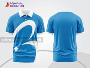 Mẫu áo polo đồng phục nhân viên màu xanh dương họa tiết vòng cung trắng ctpd3060
