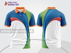 Mẫu áo polo 3D đồng phục văn phòng màu trắng phối xanh dương cam và xanh lá ctpd3121