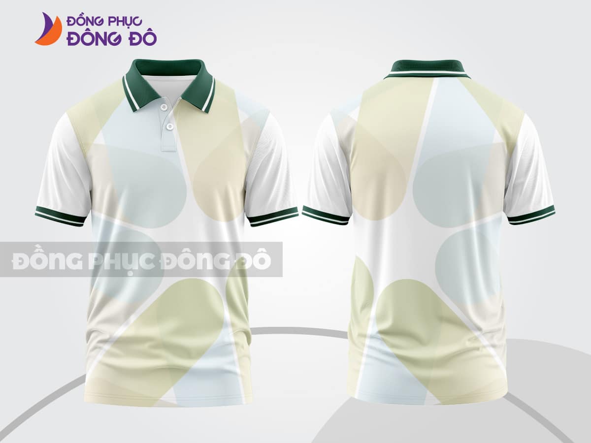 Mẫu áo polo 3D đồng phục nhân viên màu trắng phối kem và xanh rêu ctpd3125