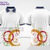 Mẫu áo polo 3D đồng phục nhân viên màu trắng phối họa tiết vòng tròn cam xanh ctpd3149