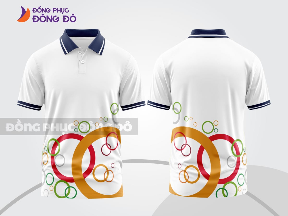 Mẫu áo polo 3D đồng phục nhân viên màu trắng phối họa tiết vòng tròn cam xanh ctpd3149