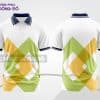 Mẫu polo 3D đồng phục công sở màu trắng phối xanh chuối và vàng hình thoi ctpd3150