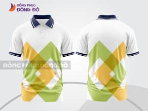 Mẫu polo 3D đồng phục công sở màu trắng phối xanh chuối và vàng hình thoi ctpd3150