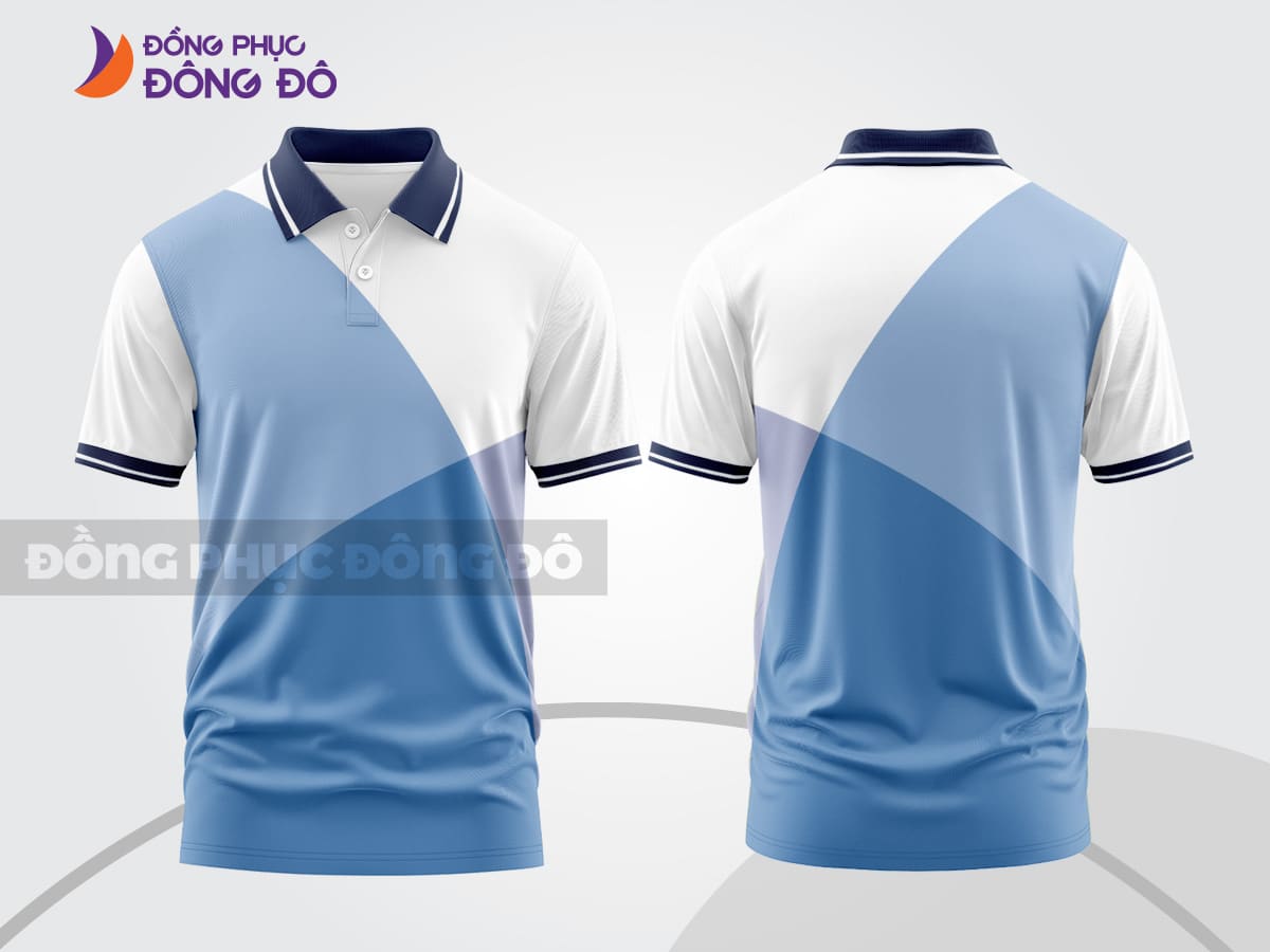 Mẫu polo 3D đồng phục công sở màu trắng phối xanh da trời chéo ctpd3165