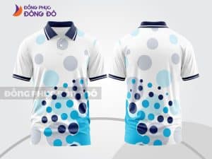 Mẫu áo polo 3D đồng phục văn phòng màu trắng phối xanh dương họa tiết chấm tròn ctpd3169