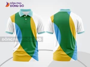Mẫu áo polo 3D đồng phục nhân viên màu trắng phối xanh lá vàng xanh dương ctpd3178
