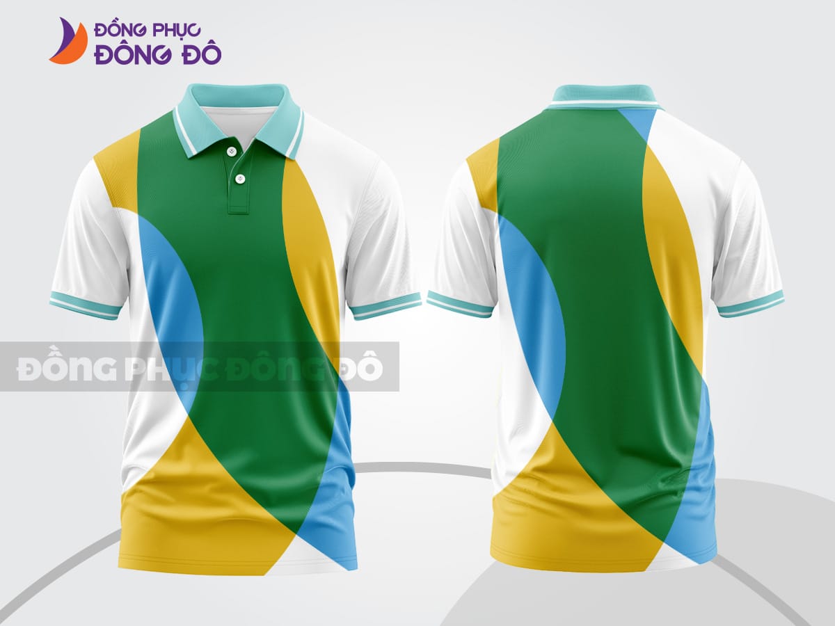 Mẫu áo polo 3D đồng phục nhân viên màu trắng phối xanh lá vàng xanh dương ctpd3178