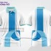 Mẫu áo thun polo 3D đồng phục công ty màu trắng phối xanh cyan hình tròn ctpd3179