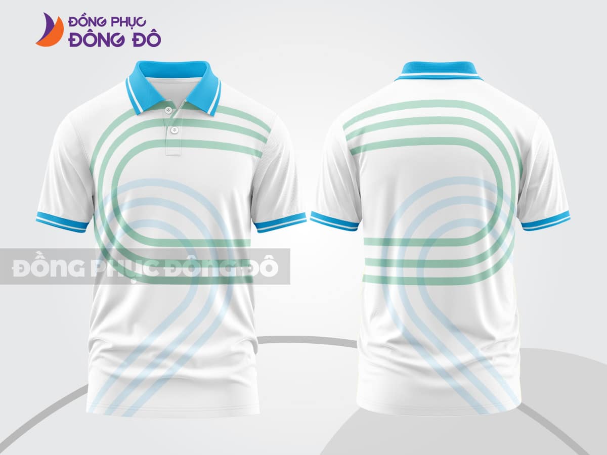 Mẫu polo 3D đồng phục văn phòng màu trắng họa tiết vòng tròn xanh ngọc ctpd3180