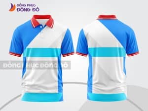 Mẫu áo thun cổ bẻ 3D đồng phục doanh nghiệp màu trắng phối xanh dương và đỏ ctpd3184